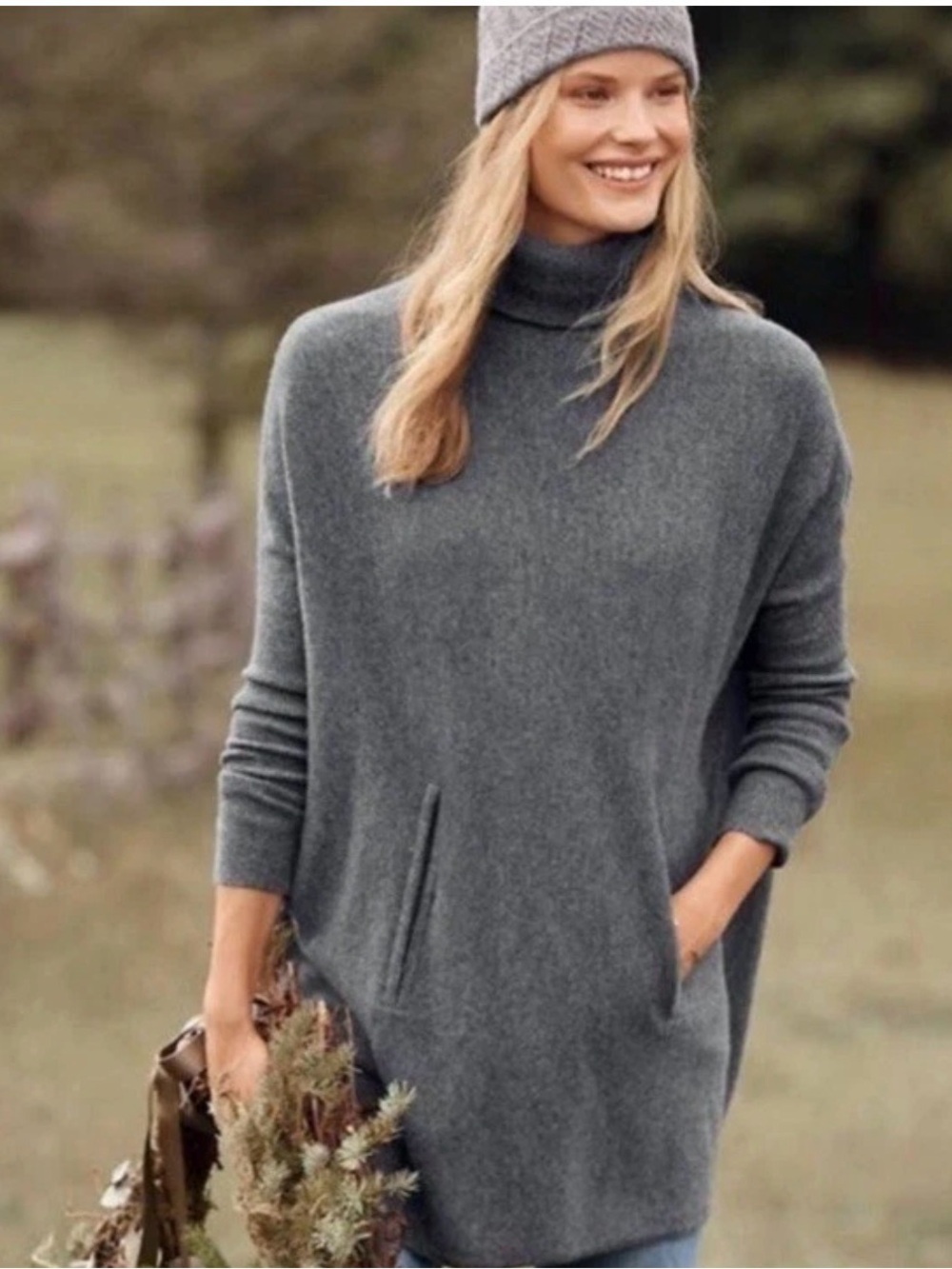 Garnet Hill Women’s Wool Cashmere Size L Oversized Gray Cozy Turtleneck Sweater